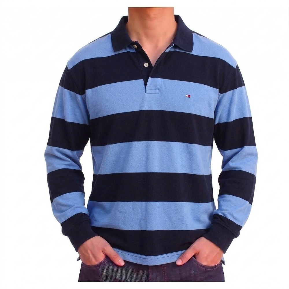 Tommy Hilfiger Mens XL Long Sleeve Polo Shirt Blue Navy Striped Classic Fit